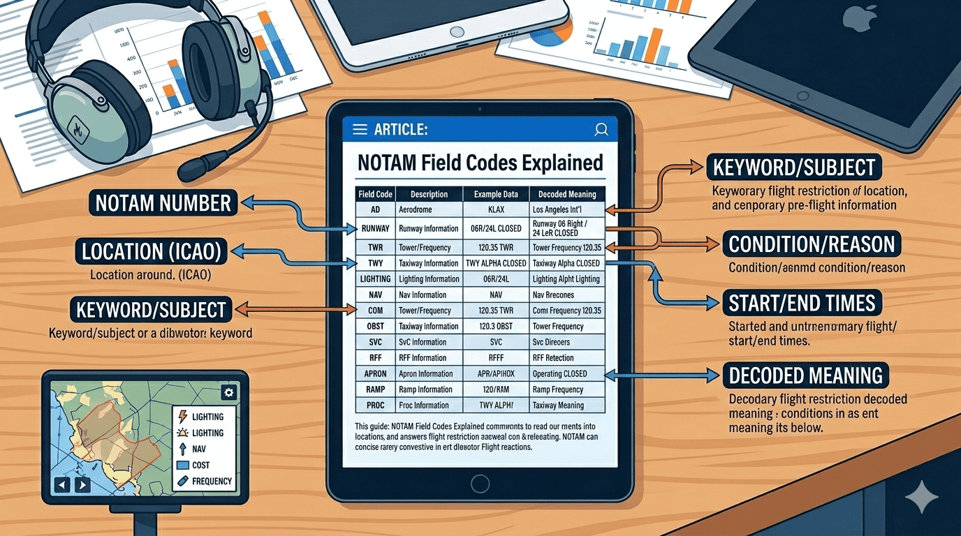 NOTAM Field Codes Diagram showing Q-line and A-G fields