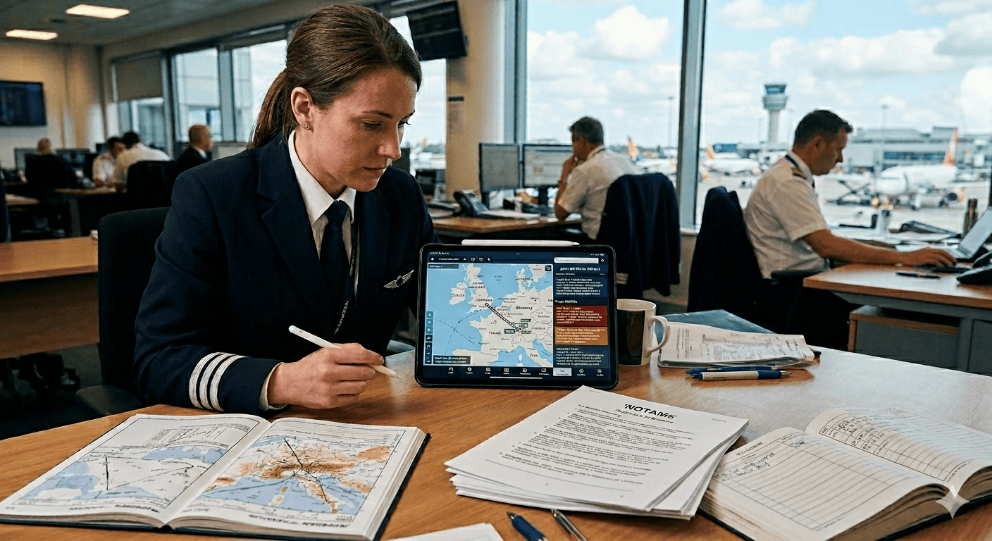 Pilot conducting comprehensive flight planning with NOTAMs