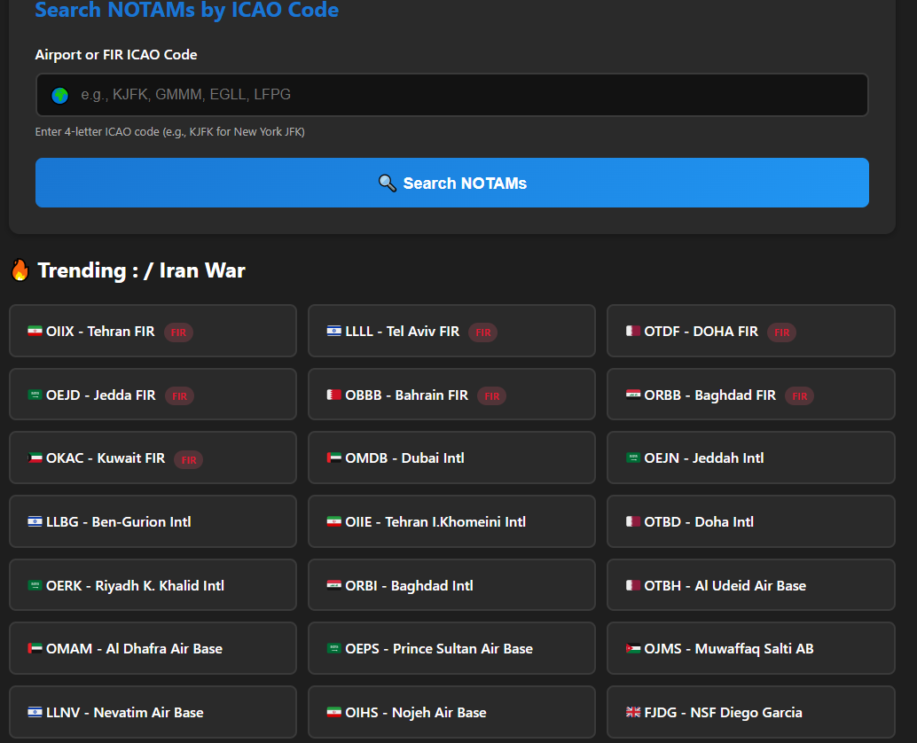 NOTAM Viewer database of Middle East airports for regional intelligence