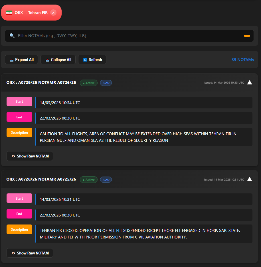 NOTAM Viewer fast search interface for OSINT intelligence