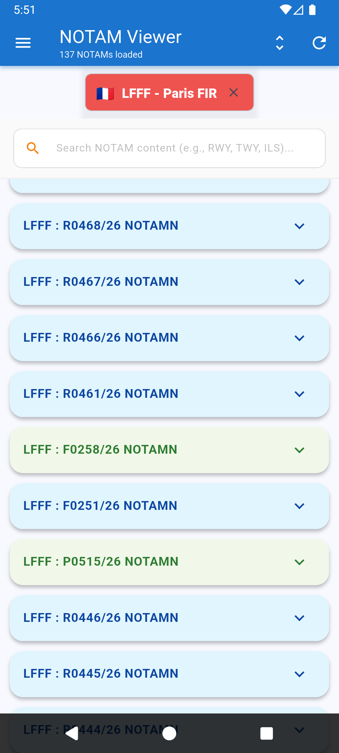NOTAM List Screen
